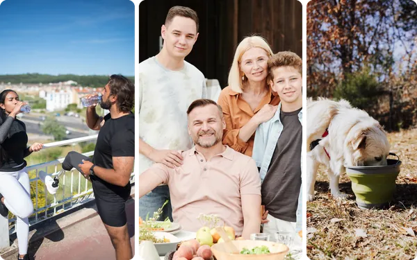 Una pareja de deportistas tomando agua, una familia con sus hijos y un golden retriever tomando agua de su bebedero