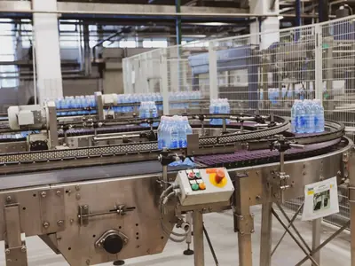 Línea de envasado de agua con cinta transportadora y botellas en una planta industrial